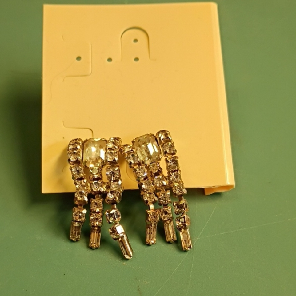 Silver Tone Metal Rhinestone Waterfall Drop Screw Back Earrings Granny Chic